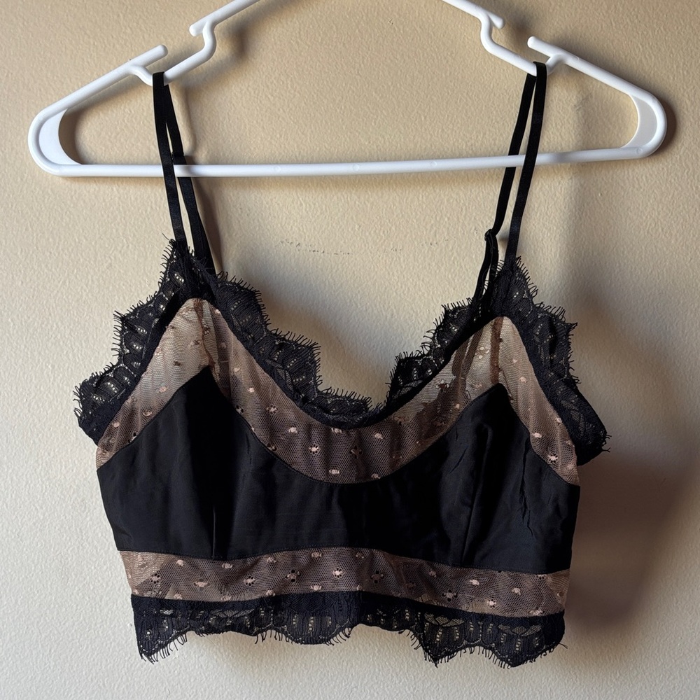 For Love and Lemons Skivvies Black Lace-Trim Bralette with Taupe Mesh Insets